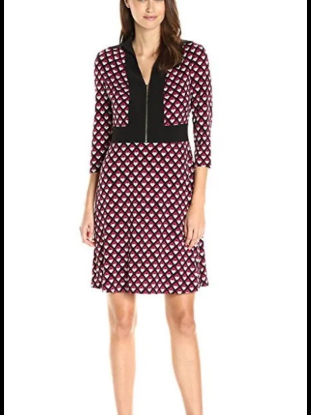 Ninewest V-Neck Knee Dress in Burgundy and Black